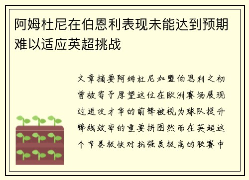 阿姆杜尼在伯恩利表现未能达到预期难以适应英超挑战