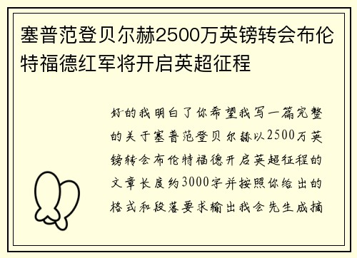 塞普范登贝尔赫2500万英镑转会布伦特福德红军将开启英超征程