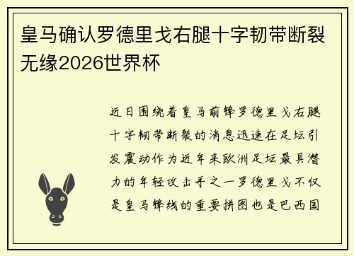 皇马确认罗德里戈右腿十字韧带断裂无缘2026世界杯